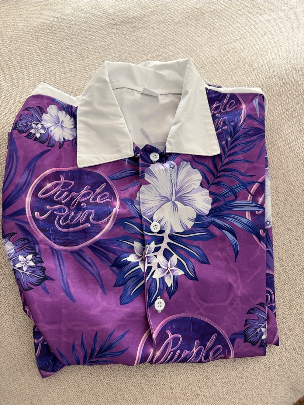 Purple Rain Hawaiian Style Button-Up Short Sleeve Shirt with White Collar Size S